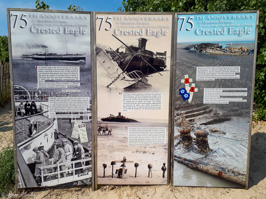 Affichage sur le 75ème anniversaire de l’opération Dynamo - L’épave Crested Eagle à Zuydcoote, 2021