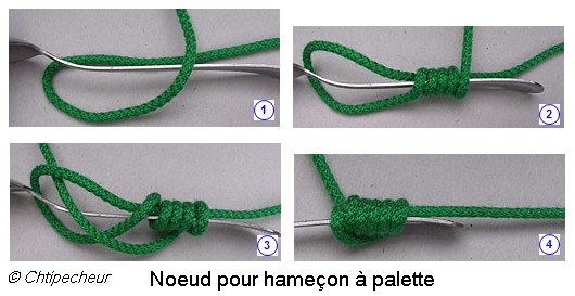 Les étapes pour réaliser le nœud d'hameçon à palette.