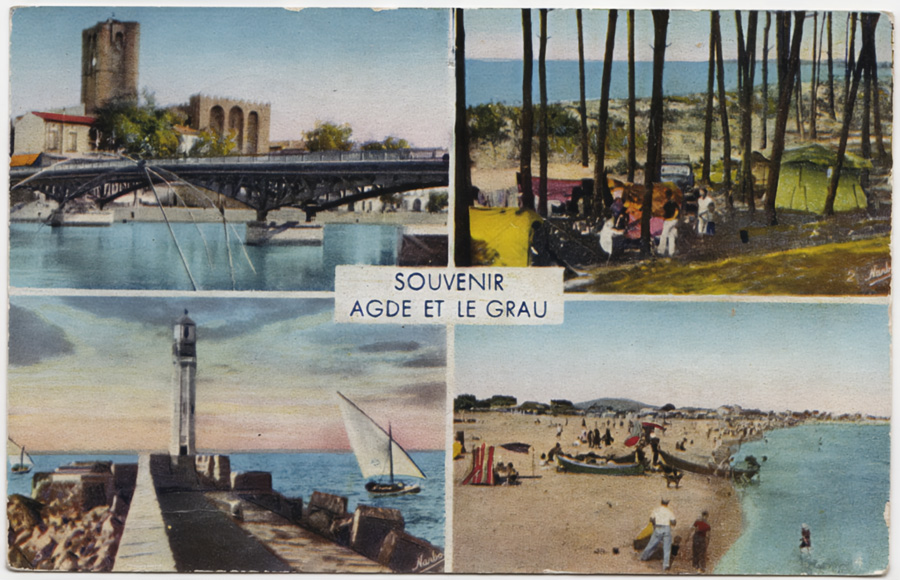 Souvenir Agde et Le Grau 1. AGDE - Cathédrale Saint-Etienne 2. LE GRAU - Camping à la Tamarissière 3. LE GRAU - La jetée au soleil levant 4. LE GRAU - La plage