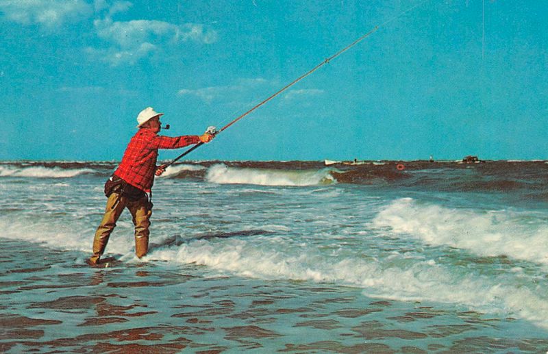 Postcard surf-casting along the shore, Nantucket, Mass. The Island of the sea.