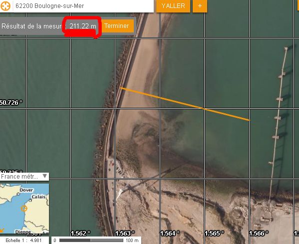 La distance calculée entre ces deux points est d’environ 210 mètres.