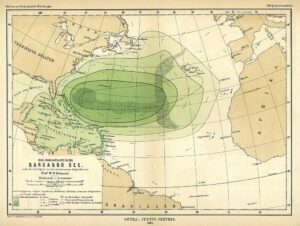 La mer des Sargasses dans l’Atlantique nord, Cartographiée d’après Otto Krümmel (1854-1912) - Justus Perthes Editeur, Gotha, 1891.
