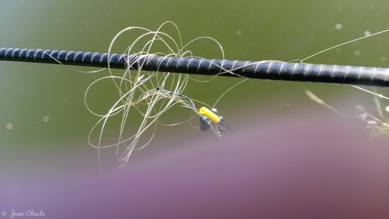 Une ligne de pêche emmêlée C’est le nœud qui apparaît parfois lors d’une "touille de ligne" et qui la condamne fragilisée par une force à la rupture à 40 %.