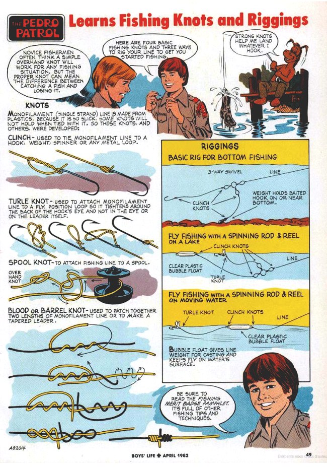 Source Google Books - BD de Boys’ Life d’avril 1982 sur le thème des nœuds de pêche à connaitre.