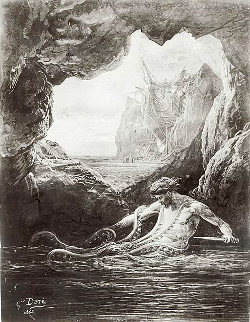 Gilliatt se débat avec la pieuvre géante, illustration des «Travailleurs de la Mer» de Victor Hugo (1802-1885) 1866