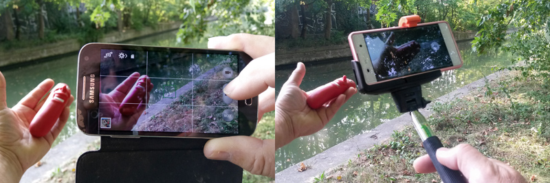 A gauche la méthode du téléphone qui pourrait bien rejoindre le fond de l’étang, à droite avec une perche à selfie beaucoup plus pratique.