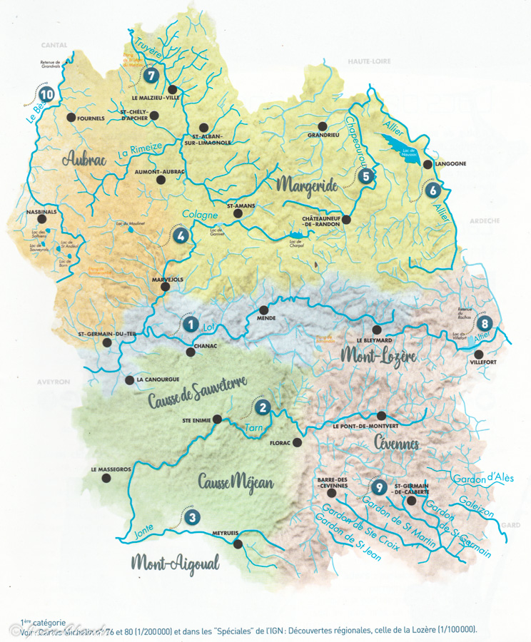 Carte des rivières de Lozère (source Lozère tourisme lozerepeche.com)