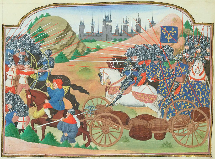 La bataille de Rouvray, dite journée ou bataille des Harengs (12 février 1429). Attributed to Philippe de Mazerolles, Public domain, via Wikimedia Commons