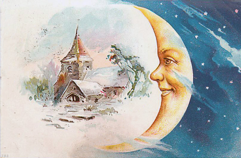 Carte postale ancienne humoristique - croissant de lune humanisé regardant une église.