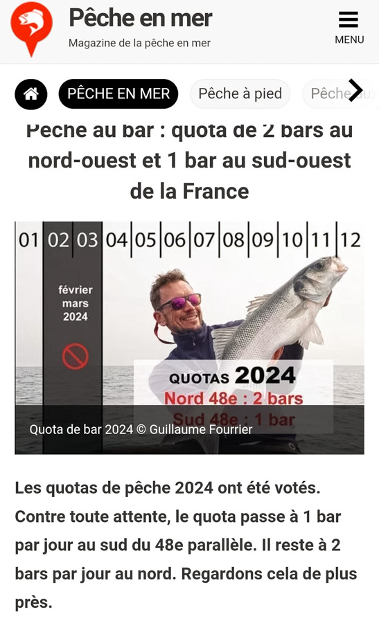 Copie d'écran peche.com : quota de 2 bars au nord-ouest et 1 bar au sud-ouest de la France - 13/12/2023