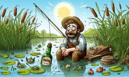 Dessin I.A. Bing . Un pêcheur imbibé de pastis